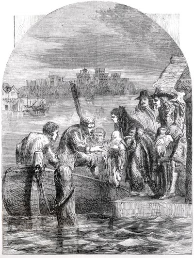 The Flight of the Queen of James II, december 1688 af English School